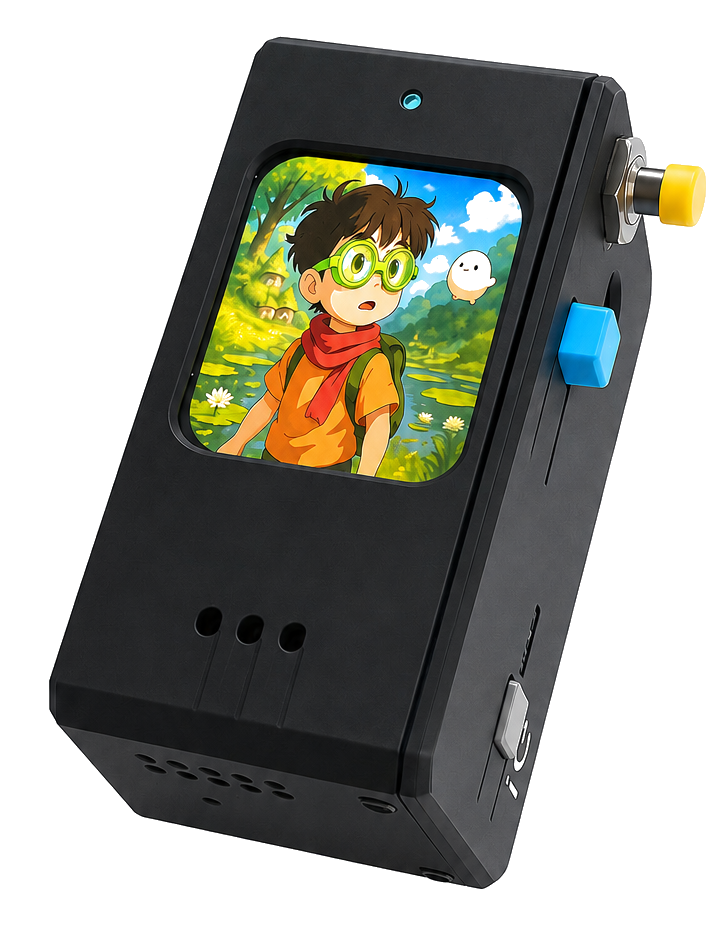Tala walkie-talkie with black case, screen, yellow top button, blue talk button, and gray power switch
